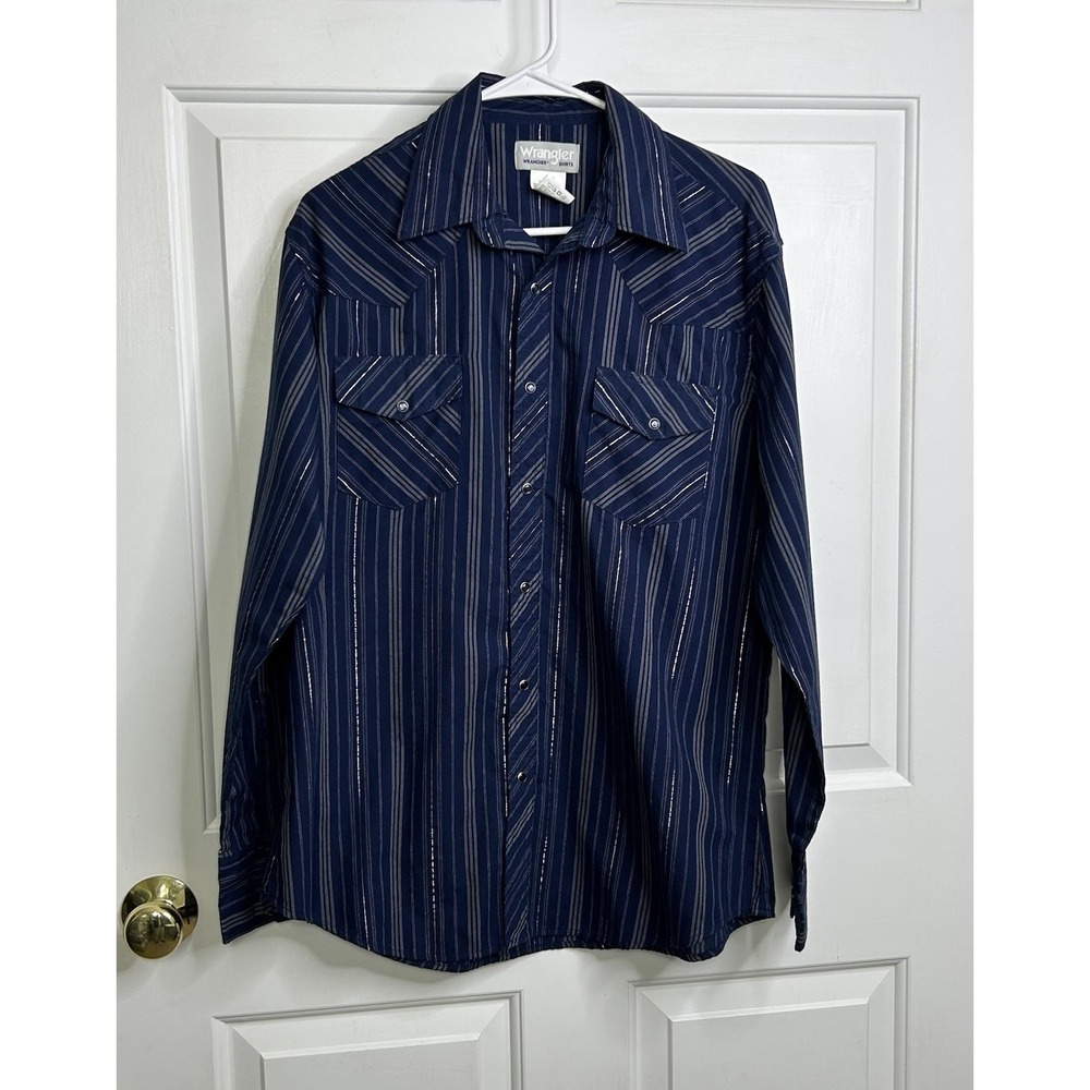 Wrangler Wrancher Pearl Snap Long Sleeve Shirt Dark Blue Metallic Thread Mens L